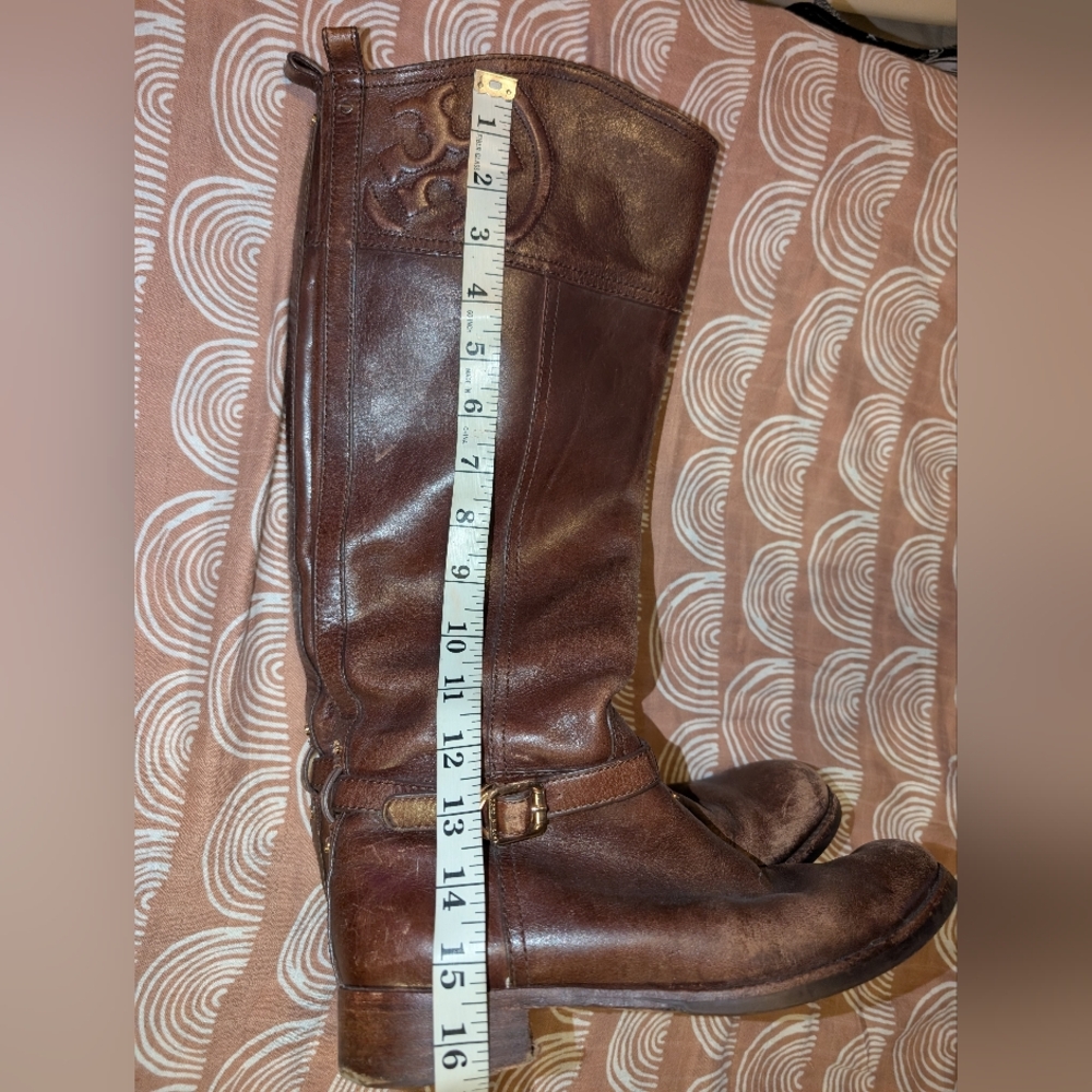 Tory Burch Women's Coconut Brown Leather MARLENE Riding Boot Sz 7.5 M Logo - Picture 13 of 15